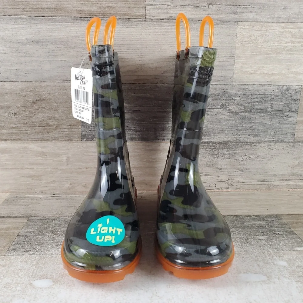 Western Chief Kids Rain Boot Sz 12 Olive Camo Lighted Gray Mid-Top Round Toe